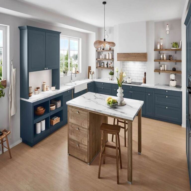 Dunkelblaue Landhausküche Küche im Landhausstil in Dunkelblau mit Marmor-Kochinsel, Holzregalen und Barhockern – Küchenberatung Braunschweig